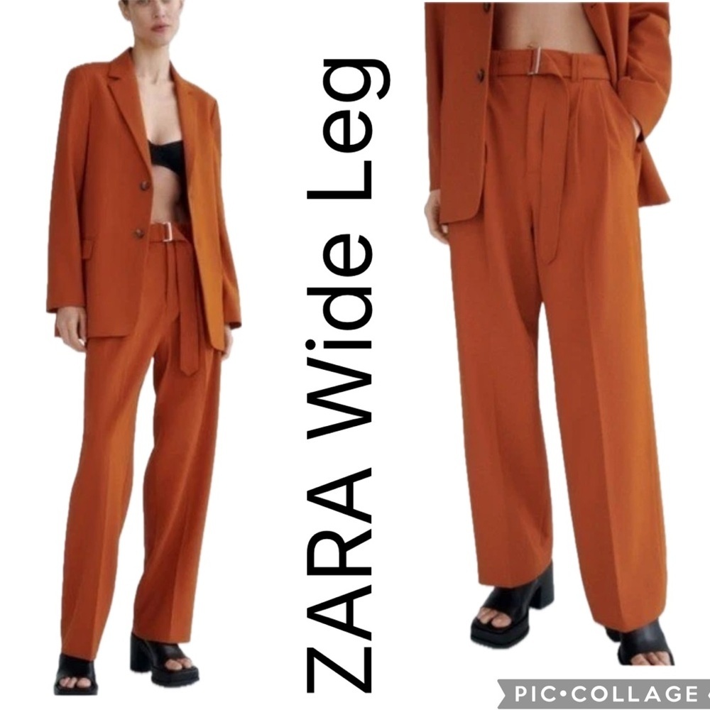 (T6) ZARA Wide-leg tailored trousers with a belt  buckle in burnt orange. SizeXL